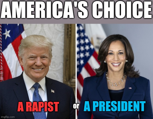 Trump v Harris | AMERICA'S CHOICE; A RAPIST; A PRESIDENT; or | image tagged in trump harris,kamala harris,donald trump,trump | made w/ Imgflip meme maker