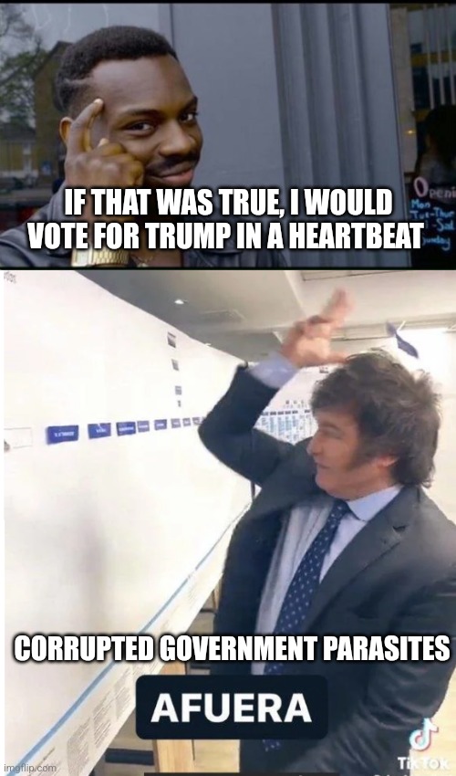 CORRUPTED GOVERNMENT PARASITES IF THAT WAS TRUE, I WOULD VOTE FOR TRUMP IN A HEARTBEAT | image tagged in thinking black man,milei meme afuera | made w/ Imgflip meme maker