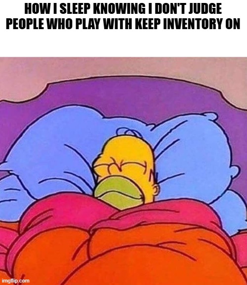 Professionals have standards | HOW I SLEEP KNOWING I DON'T JUDGE PEOPLE WHO PLAY WITH KEEP INVENTORY ON | image tagged in homer simpson sleeping peacefully,memes,minecraft | made w/ Imgflip meme maker