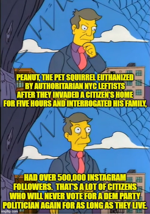 Leftist authoritarians never EVER think anything through. | PEANUT, THE PET SQUIRREL EUTHANIZED BY AUTHORITARIAN NYC LEFTISTS AFTER THEY INVADED A CITIZEN'S HOME FOR FIVE HOURS AND INTERROGATED HIS FAMILY, HAD OVER 500,000 INSTAGRAM FOLLOWERS.  THAT'S A LOT OF CITIZENS WHO WILL NEVER VOTE FOR A DEM PARTY POLITICIAN AGAIN FOR AS LONG AS THEY LIVE. | image tagged in yep | made w/ Imgflip meme maker