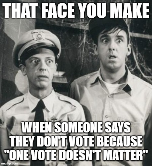 Your vote matters | THAT FACE YOU MAKE; WHEN SOMEONE SAYS THEY DON'T VOTE BECAUSE "ONE VOTE DOESN'T MATTER" | image tagged in vote,election | made w/ Imgflip meme maker