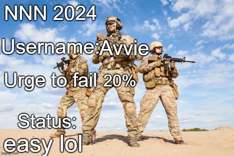 i'm actually trying this year | Avvie; 20%; easy lol | image tagged in nnn 2024 progress report | made w/ Imgflip meme maker
