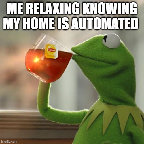 But That's None Of My Business Meme | ME RELAXING KNOWING MY HOME IS AUTOMATED | image tagged in memes,but that's none of my business,kermit the frog | made w/ Imgflip meme maker