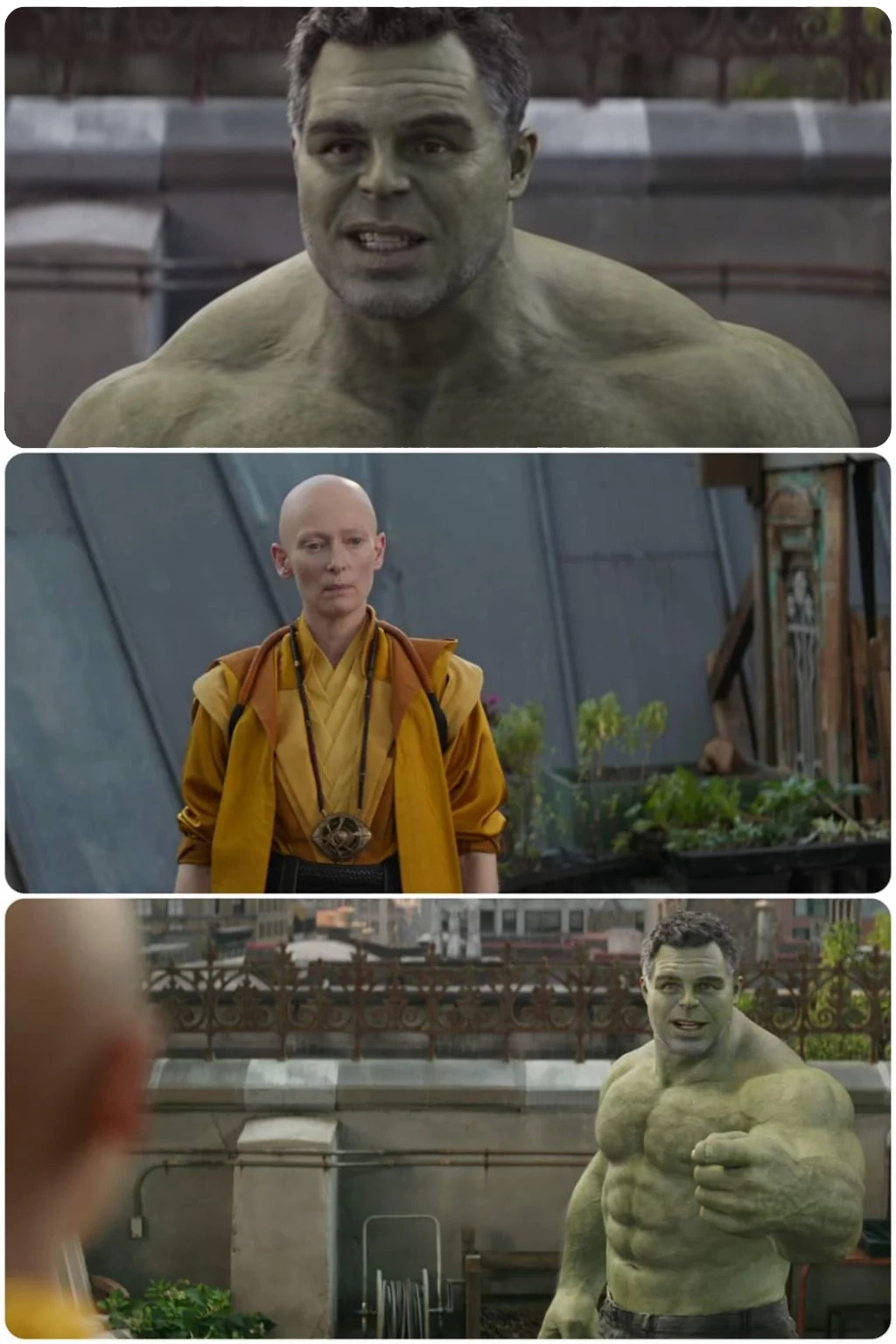 Hulk dialog with The Ancient One (3 panels) Blank Meme Template