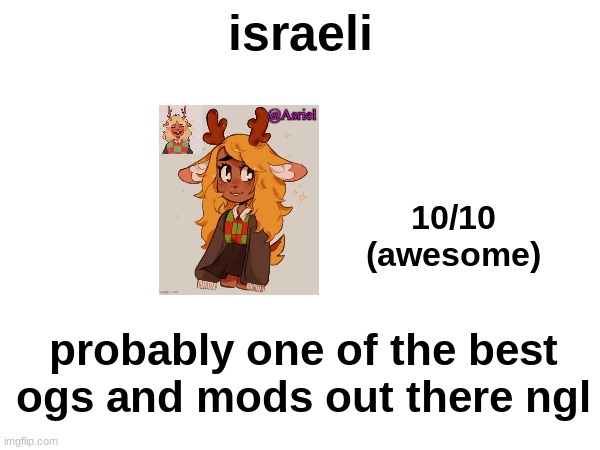 israeli; 10/10
(awesome); probably one of the best ogs and mods out there ngl | made w/ Imgflip meme maker