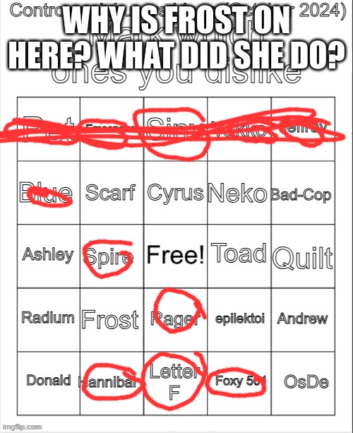 Controversial users bingo (October 2024) by Neko | WHY IS FROST ON HERE? WHAT DID SHE DO? | image tagged in controversial users bingo october 2024 by neko | made w/ Imgflip meme maker
