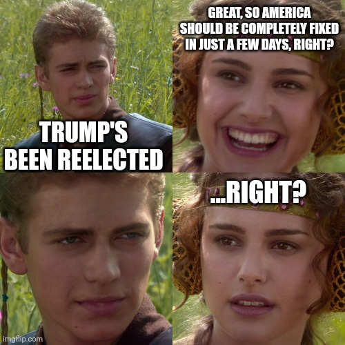 Making America Great Again is gonna take a while, I'm afraid... | GREAT, SO AMERICA SHOULD BE COMPLETELY FIXED IN JUST A FEW DAYS, RIGHT? TRUMP'S BEEN REELECTED; ...RIGHT? | image tagged in anakin padme 4 panel | made w/ Imgflip meme maker