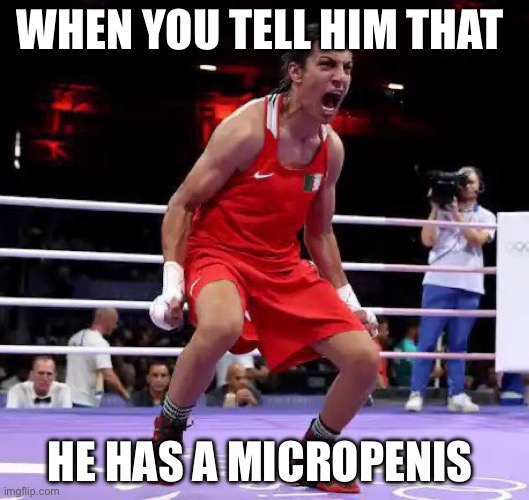 Micro | WHEN YOU TELL HIM THAT; HE HAS A MICROPENIS | image tagged in imane khelif,small penis,boxing,women | made w/ Imgflip meme maker