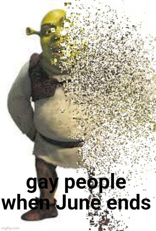 Disintegrating Shrek | gay people when June ends | image tagged in disintegrating shrek | made w/ Imgflip meme maker