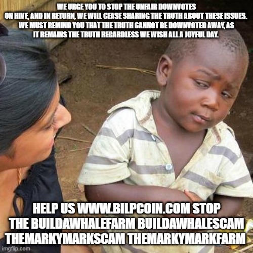 Third World Skeptical Kid Meme | WE URGE YOU TO STOP THE UNFAIR DOWNVOTES ON HIVE, AND IN RETURN, WE WILL CEASE SHARING THE TRUTH ABOUT THESE ISSUES. 

WE MUST REMIND YOU THAT THE TRUTH CANNOT BE DOWNVOTED AWAY, AS IT REMAINS THE TRUTH REGARDLESS WE WISH ALL A JOYFUL DAY. HELP US WWW.BILPCOIN.COM STOP THE BUILDAWHALEFARM BUILDAWHALESCAM THEMARKYMARKSCAM THEMARKYMARKFARM | image tagged in memes,third world skeptical kid | made w/ Imgflip meme maker