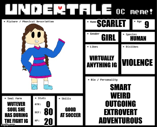 XD | SCARLET; 9; GIRL; HUMAN; VIRTUALLY ANYTHING IG; VIOLENCE; SMART
WEIRD
OUTGOING
EXTROVERT
ADVENTUROUS; 0; GOOD AT SOCCER; WUTEVER SOUL SHE HAS DURING THE FIGHT IG; 80; 20 | image tagged in undertale oc template | made w/ Imgflip meme maker