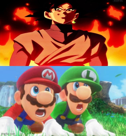 mario and luigi scared of evil goku black | image tagged in mario and luigi scared of,goku black,dragon ball z,anime meme,goku,dragon ball super | made w/ Imgflip meme maker