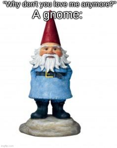 Hilarious | "Why don't you love me anymore?"; A gnome: | image tagged in gnome | made w/ Imgflip meme maker