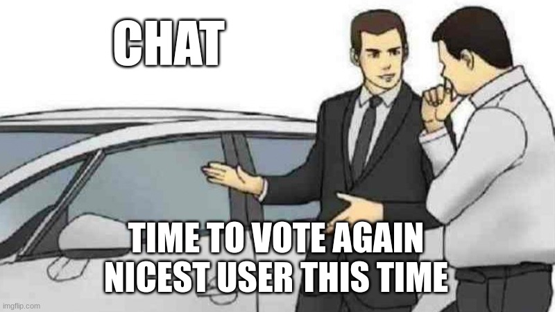 chat be fair | CHAT; TIME TO VOTE AGAIN
NICEST USER THIS TIME | image tagged in memes,car salesman slaps roof of car | made w/ Imgflip meme maker