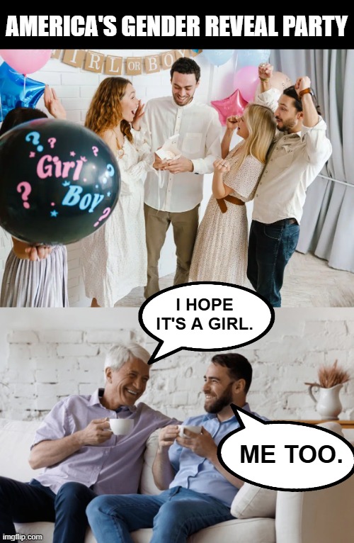 It's election night | AMERICA'S GENDER REVEAL PARTY; I HOPE IT'S A GIRL. ME TOO. | image tagged in election 2024,election night,democrats,republicans | made w/ Imgflip meme maker