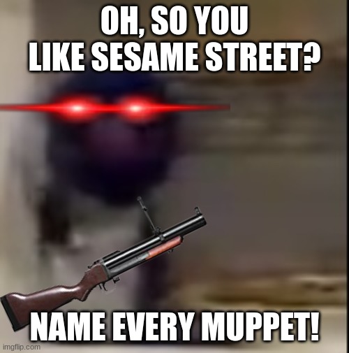 you probably would have known but you were too busy watching dostbusters | OH, SO YOU LIKE SESAME STREET? NAME EVERY MUPPET! | image tagged in grover staring | made w/ Imgflip meme maker