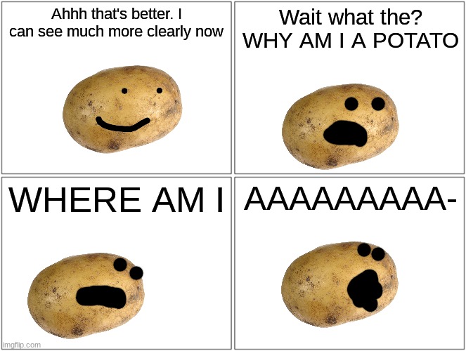 The Fallen City | Ahhh that's better. I can see much more clearly now; Wait what the? WHY AM I A POTATO; WHERE AM I; AAAAAAAAA- | image tagged in memes,blank comic panel 2x2 | made w/ Imgflip meme maker