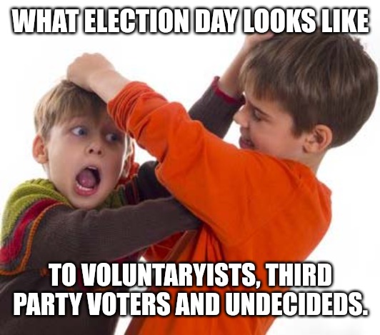 Election Day To An Outsider | WHAT ELECTION DAY LOOKS LIKE; TO VOLUNTARYISTS, THIRD PARTY VOTERS AND UNDECIDEDS. | image tagged in kids fighting,election,republican,democrat,libertarian,anarchism | made w/ Imgflip meme maker