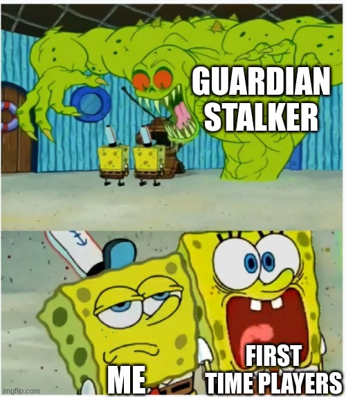 A little late, but here's a BOTW meme | GUARDIAN STALKER; FIRST TIME PLAYERS; ME | image tagged in spongebob squarepants scared but also not scared | made w/ Imgflip meme maker