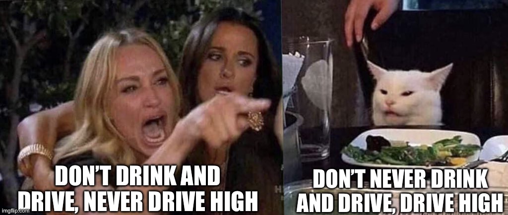 woman yelling at cat | DON’T DRINK AND DRIVE, NEVER DRIVE HIGH DON’T NEVER DRINK AND DRIVE, DRIVE HIGH | image tagged in woman yelling at cat | made w/ Imgflip meme maker