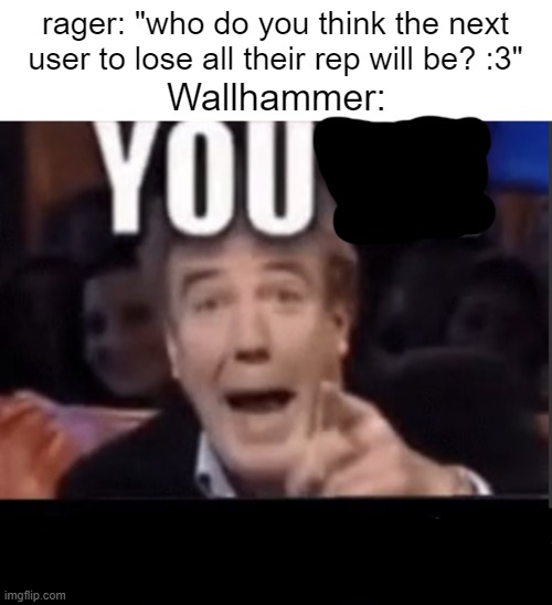 You're X (Blank) | Wallhammer: rager: "who do you think the next user to lose all their rep will be? :3" | image tagged in you're x blank | made w/ Imgflip meme maker