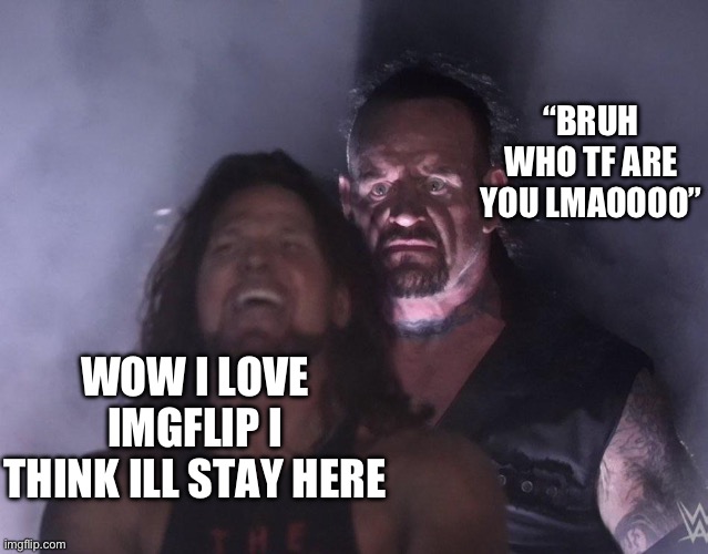 undertaker | “BRUH WHO TF ARE YOU LMAOOOO”; WOW I LOVE IMGFLIP I THINK ILL STAY HERE | image tagged in undertaker | made w/ Imgflip meme maker