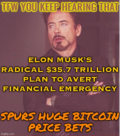 TFW You Keep Hearing That | TFW YOU KEEP HEARING THAT; ELON MUSK'S RADICAL $35.7 TRILLION PLAN TO AVERT FINANCIAL EMERGENCY; SPURS HUGE BITCOIN
PRICE BETS | image tagged in memes,face you make robert downey jr,breaking news,economy,economics,elon musk | made w/ Imgflip meme maker