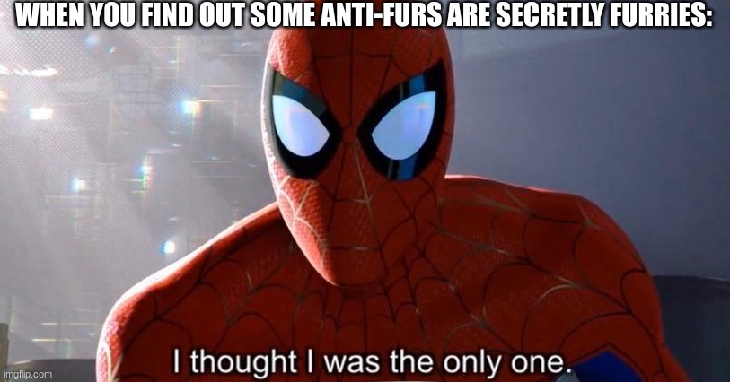 undercover furry ops | WHEN YOU FIND OUT SOME ANTI-FURS ARE SECRETLY FURRIES: | image tagged in i thought i was the only one | made w/ Imgflip meme maker