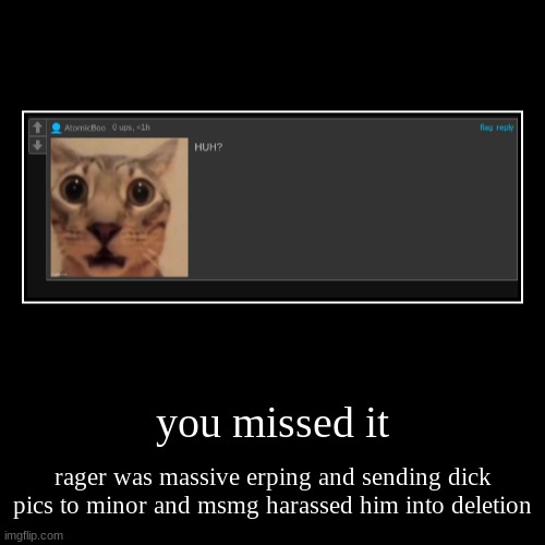 you missed it | rager was massive erping and sending dick pics to minor and msmg harassed him into deletion | image tagged in funny,demotivationals | made w/ Imgflip demotivational maker