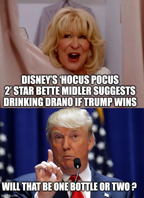 bette midler meme | DISNEY’S ‘HOCUS POCUS 2’ STAR BETTE MIDLER SUGGESTS DRINKING DRANO IF TRUMP WINS; WILL THAT BE ONE BOTTLE OR TWO ? | image tagged in donald trump | made w/ Imgflip meme maker