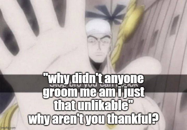 Stop bro you can't cook | "why didn't anyone groom me am i just that unlikable"
why aren't you thankful? | image tagged in stop bro you can't cook | made w/ Imgflip meme maker
