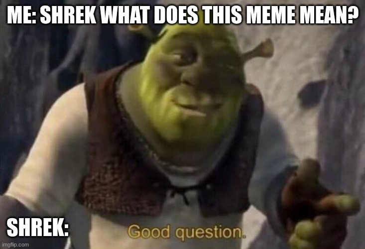 Shrek good question | ME: SHREK WHAT DOES THIS MEME MEAN? SHREK: | image tagged in shrek good question | made w/ Imgflip meme maker