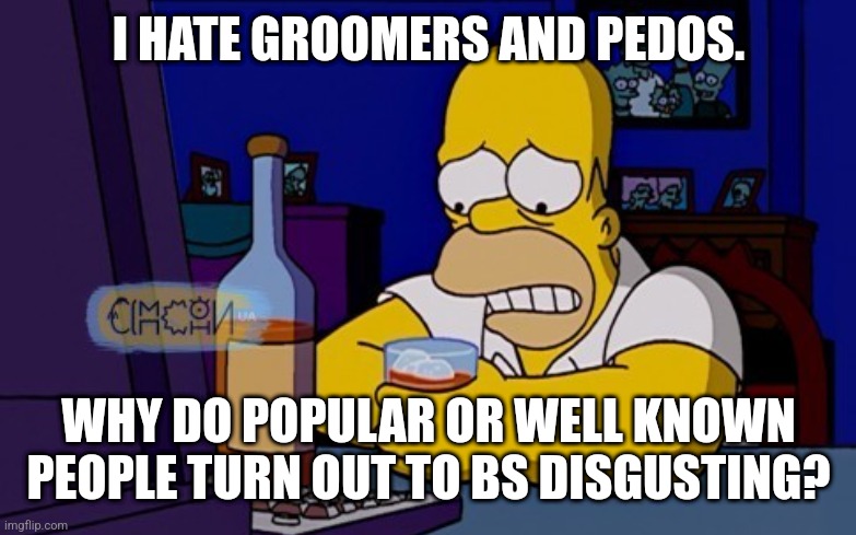 Homer sad | I HATE GROOMERS AND PEDOS. WHY DO POPULAR OR WELL KNOWN PEOPLE TURN OUT TO BS DISGUSTING? | image tagged in homer sad | made w/ Imgflip meme maker