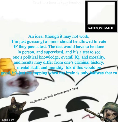 Bye chat imma go eat (take with grain of salt) | An idea: (though it may not work, I’m just guessing) a minor should be allowed to vote IF they pass a test. The test would have to be done in person, and supervised, and it’s a test to see one’s political knowledge, overall IQ, and morality, and results may differ from one’s criminal history, mental stuff, and morality. Idk if this would be good, it’s just me yapping when my brain is only halfway ther rn | image tagged in my lil announcement | made w/ Imgflip meme maker