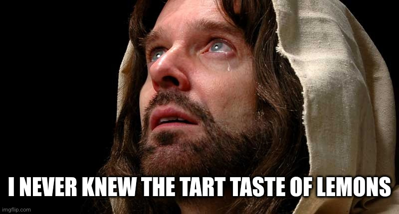 Jesus crying | I NEVER KNEW THE TART TASTE OF LEMONS | image tagged in jesus crying | made w/ Imgflip meme maker