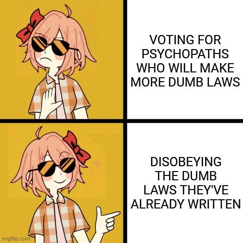 Drake Hotline Bling Trans femme | VOTING FOR PSYCHOPATHS WHO WILL MAKE MORE DUMB LAWS; DISOBEYING THE DUMB LAWS THEY'VE ALREADY WRITTEN | image tagged in drake hotline bling trans femme | made w/ Imgflip meme maker