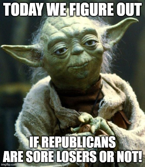 Accepting a loss is something you learn in preschool | TODAY WE FIGURE OUT; IF REPUBLICANS ARE SORE LOSERS OR NOT! | image tagged in memes,star wars yoda,dementia don,pathetic don,deperate don,kamala harris | made w/ Imgflip meme maker