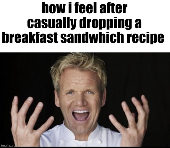 Gordon Ramsey Yelling | how i feel after casually dropping a breakfast sandwhich recipe | image tagged in gordon ramsey yelling | made w/ Imgflip meme maker
