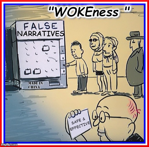 FALSE NARRATIVES | WOKENESS
FALSE NARRATIVES; MADE IN CHINA
SAFE & EFFECTIVE | image tagged in false,narrative,parrotive,woke,made in china,fooled | made w/ Imgflip meme maker