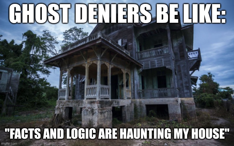 Mathbusters | GHOST DENIERS BE LIKE:; "FACTS AND LOGIC ARE HAUNTING MY HOUSE" | image tagged in gifs,funny,memes,haunted house,shitpost,offensive | made w/ Imgflip meme maker