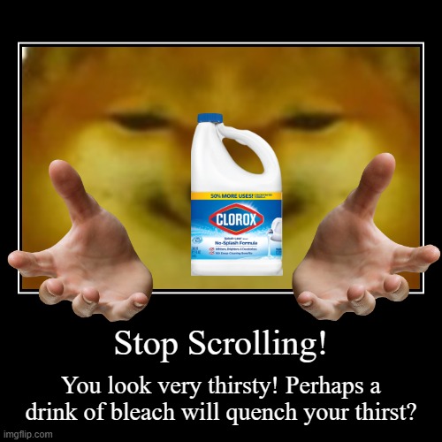 They just came out with a new flavor too! | Stop Scrolling! | You look very thirsty! Perhaps a drink of bleach will quench your thirst? | image tagged in funny,demotivationals | made w/ Imgflip demotivational maker