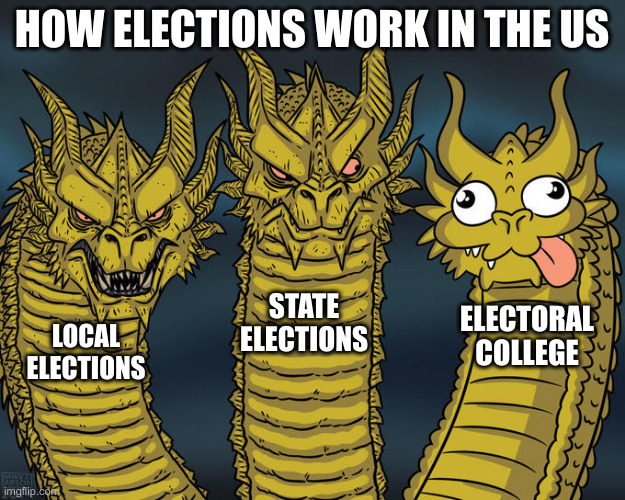 How elections work in the US | HOW ELECTIONS WORK IN THE US; STATE ELECTIONS; ELECTORAL COLLEGE; LOCAL ELECTIONS | image tagged in three-headed dragon | made w/ Imgflip meme maker