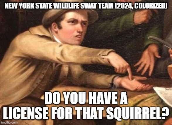 demanding guy | NEW YORK STATE WILDLIFE SWAT TEAM (2024, COLORIZED); DO YOU HAVE A LICENSE FOR THAT SQUIRREL? | image tagged in demanding guy | made w/ Imgflip meme maker