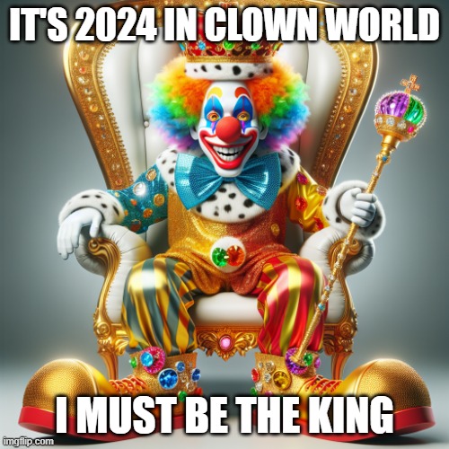 King Homey | IT'S 2024 IN CLOWN WORLD; I MUST BE THE KING | image tagged in homey the clown king of the world,clown world,ai,ruler | made w/ Imgflip meme maker