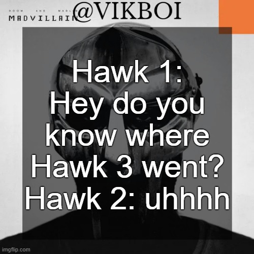 VIKBOI MADVILLAINY TEMPLATE | Hawk 1: Hey do you know where Hawk 3 went?
Hawk 2: uhhhh | image tagged in vikboi madvillainy template | made w/ Imgflip meme maker