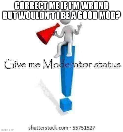 I mean I moderate a ton of other streams like enjiner so | CORRECT ME IF I'M WRONG BUT WOULDN'T I BE A GOOD MOD? | image tagged in give me moderator status | made w/ Imgflip meme maker