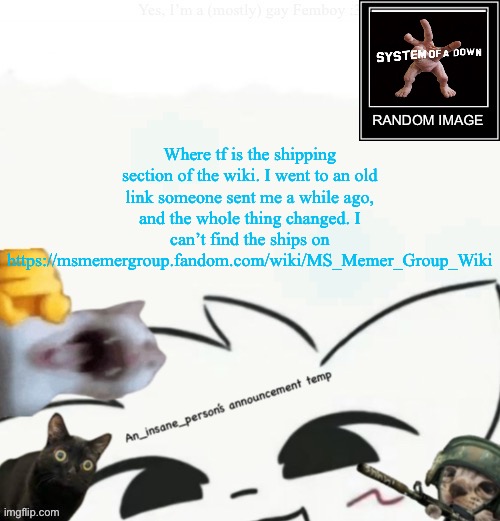My lil announcement | Where tf is the shipping section of the wiki. I went to an old link someone sent me a while ago, and the whole thing changed. I can’t find the ships on https://msmemergroup.fandom.com/wiki/MS_Memer_Group_Wiki | image tagged in my lil announcement | made w/ Imgflip meme maker