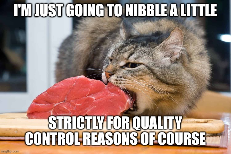 Cat and a piece of meat | I'M JUST GOING TO NIBBLE A LITTLE; STRICTLY FOR QUALITY CONTROL REASONS OF COURSE | image tagged in cat and a piece of meat | made w/ Imgflip meme maker