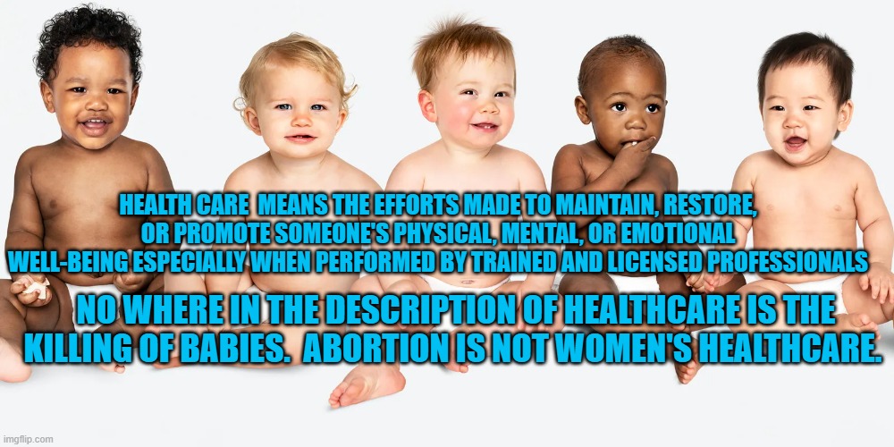 abortion is not women's healthcare | HEALTH CARE  MEANS THE EFFORTS MADE TO MAINTAIN, RESTORE, OR PROMOTE SOMEONE'S PHYSICAL, MENTAL, OR EMOTIONAL WELL-BEING ESPECIALLY WHEN PERFORMED BY TRAINED AND LICENSED PROFESSIONALS; NO WHERE IN THE DESCRIPTION OF HEALTHCARE IS THE KILLING OF BABIES.  ABORTION IS NOT WOMEN'S HEALTHCARE. | made w/ Imgflip meme maker