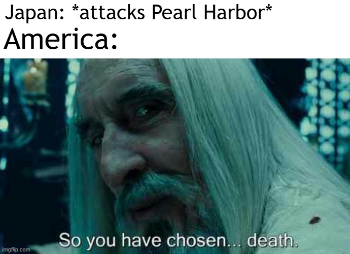 Why are you attacking Pearl Harbor? | Japan: *attacks Pearl Harbor*; America: | image tagged in so you have chosen death,memes,funny | made w/ Imgflip meme maker